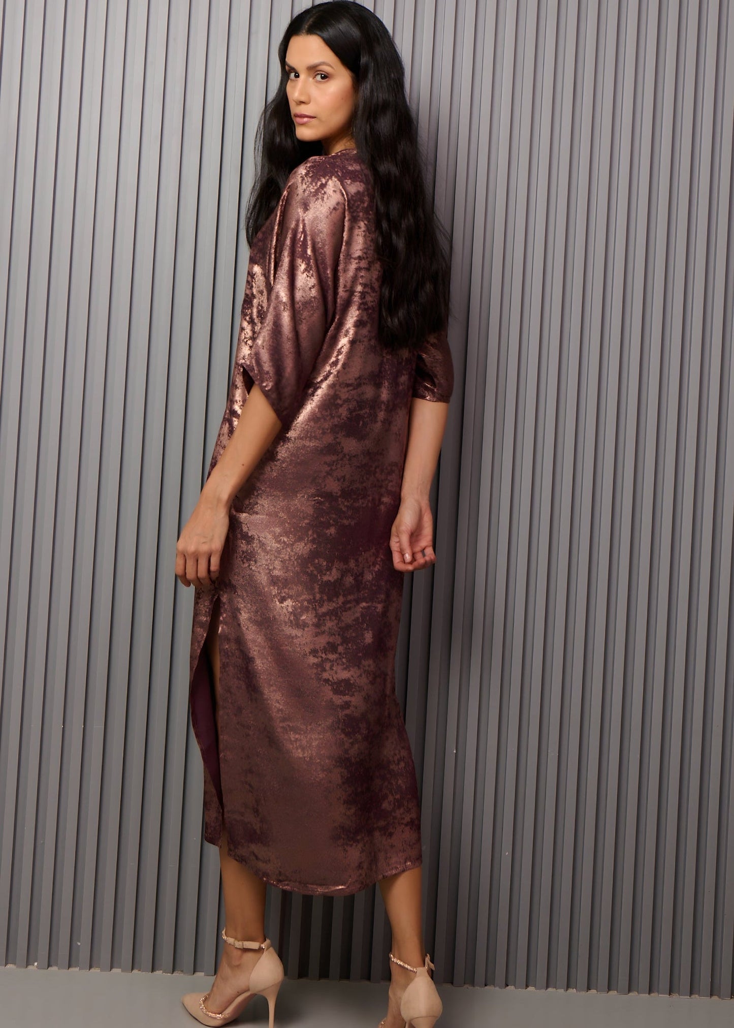 Shadow Of Sequin Shimmer Long Kaftan Dress With Side Slit - French Beige Party Dress
