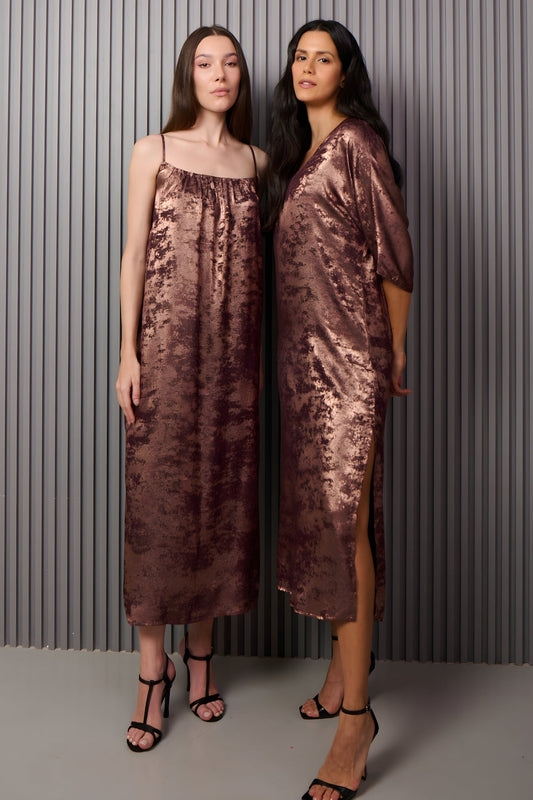 Shadow Of Sequin Shimmer Long Kaftan Dress With Side Slit - French Beige Party Dress