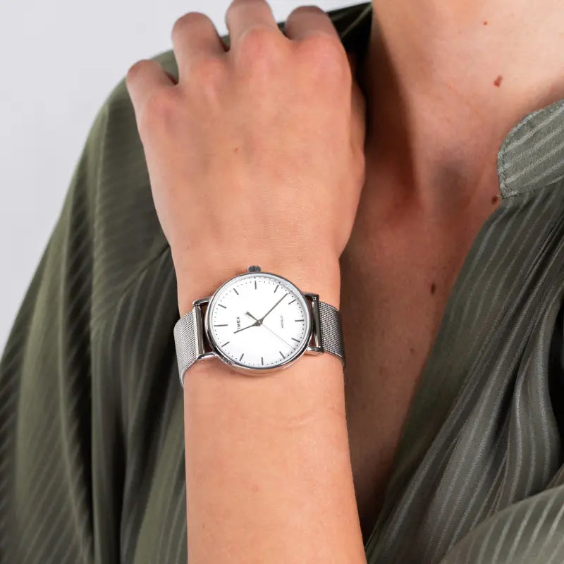 Timex Women's Silver Stainless Steel Watch, White Dial | Tw2r26600